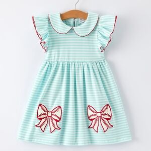 Girls Mint Striped Dress with Red Bow Details